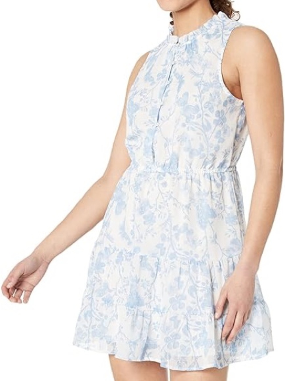 Steve Madden Light Blue & White Floral Ruffle-Neck Mini Dress